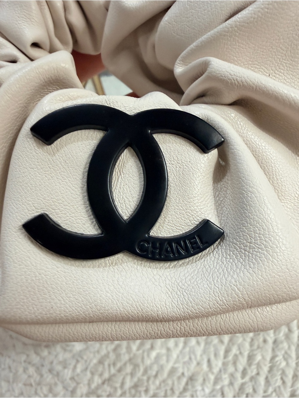 Faux Leather Cream Oversized Hair Scrunchie with Black Metal Logo Accent - NEW - Picture 5 of 5
